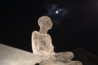 Abstract sculpture made of intertwined wires and glowing elements displayed outdoors at dusk