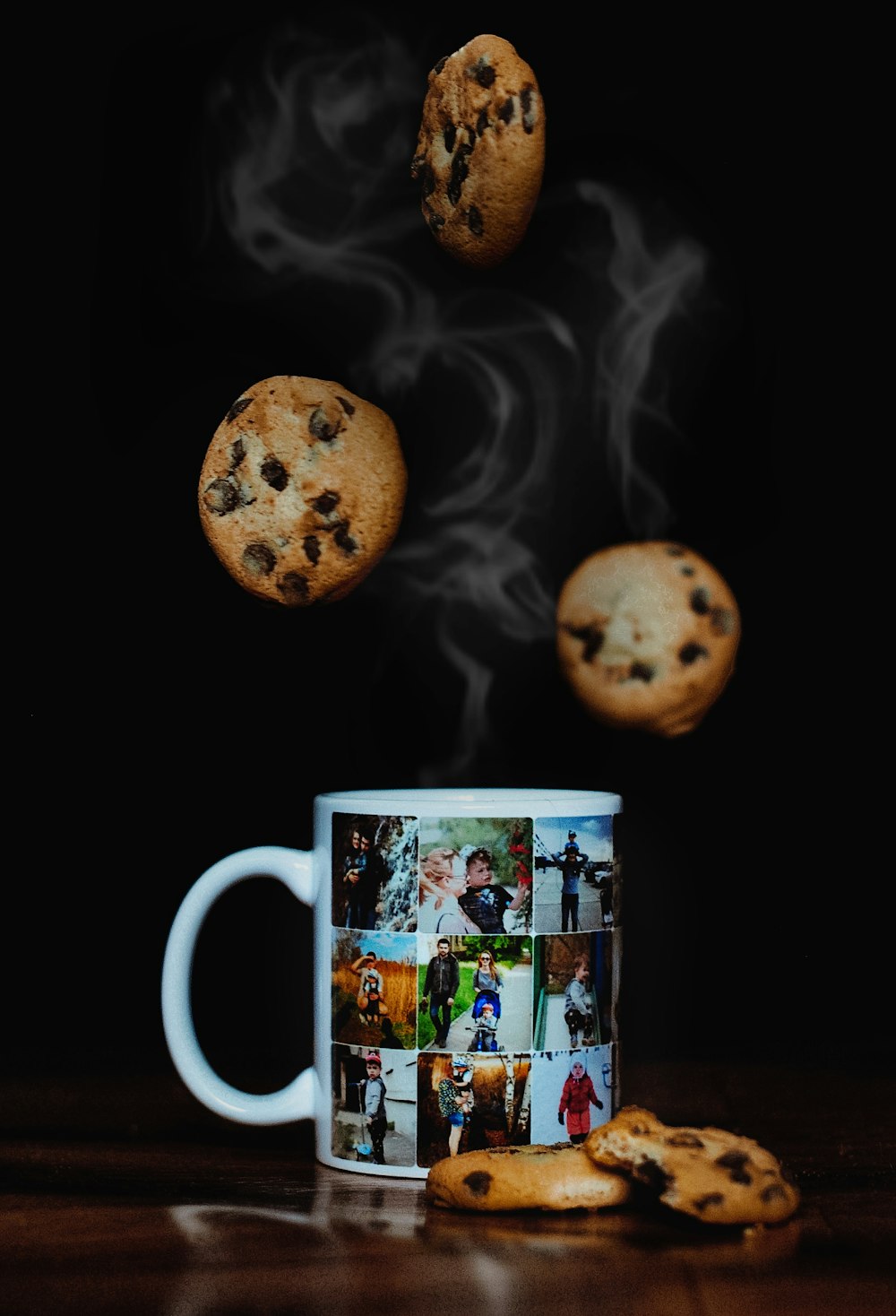 ceramic mug on brown surface with cookies