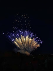 Bright and colorful fireworks burst in the night sky, with vibrant gold and blue colors lighting up the darkness. The display creates a dramatic spectacle with sparkling trails and light effects.
