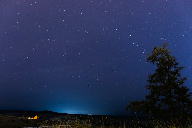A serene night scene with a clear starry sky dominates the image. A silhouette of a tree is visible on the right side, with gentle hills in the background. A faint glow on the horizon suggests distant light, possibly from a small structure or lamp.