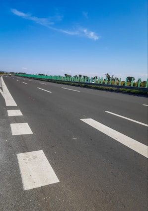 A long, open highway with white lane markings stretches under a clear blue sky. Green railings line the side of the road, with trees and small shrubs visible beyond them on a flat landscape.