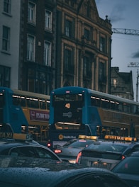 blue and brown bus