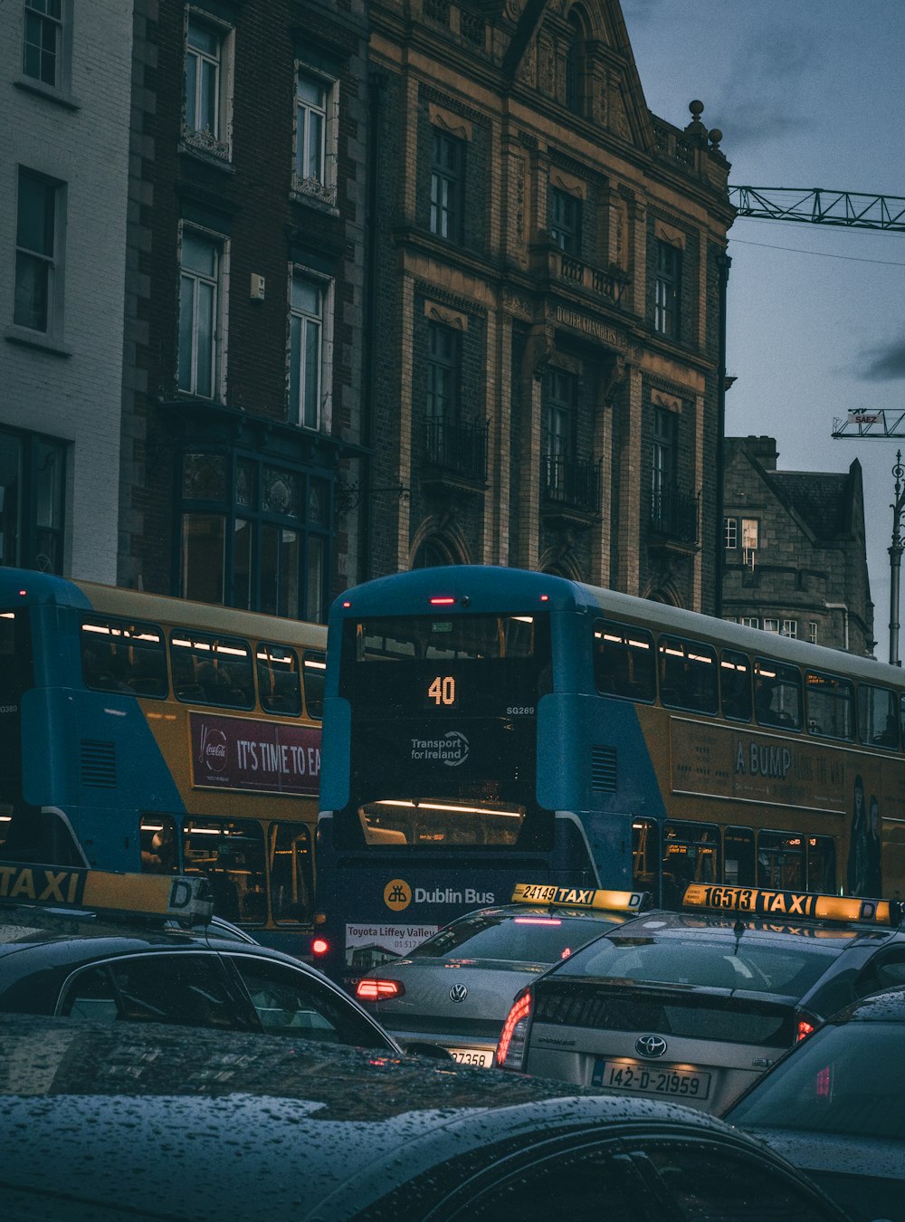 blue and brown bus
