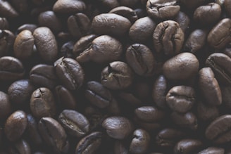 A close-up view of roasted coffee beans with a textured surface and varying shades of brown.