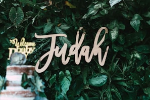 A lush background of dense green foliage features prominently. In front, a decorative script sign spells out a word in elegant letters. To the left, part of a partially frosted cake topped with greenery is visible, suggesting a celebratory setting.