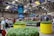 An indoor exhibition or trade show filled with people walking around various displays. Large planters filled with green plants are prominently situated in the foreground. There is a tall digital display screen showing advertisements and graphics, with bright overhead lighting fixtures. Hanging spheres resembling Earth globes and a banner reading 'Blue Loop' are visible. The setting is spacious and modern with a busy and vibrant atmosphere.