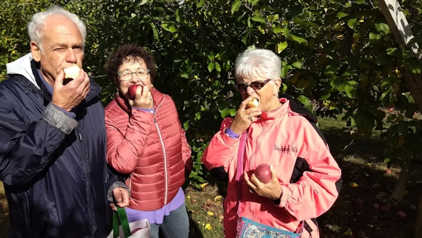 Family smiling together while picking apples in the lush green verger