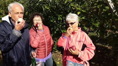 Neighbors picking apples together, smiling and enjoying the harvest day.