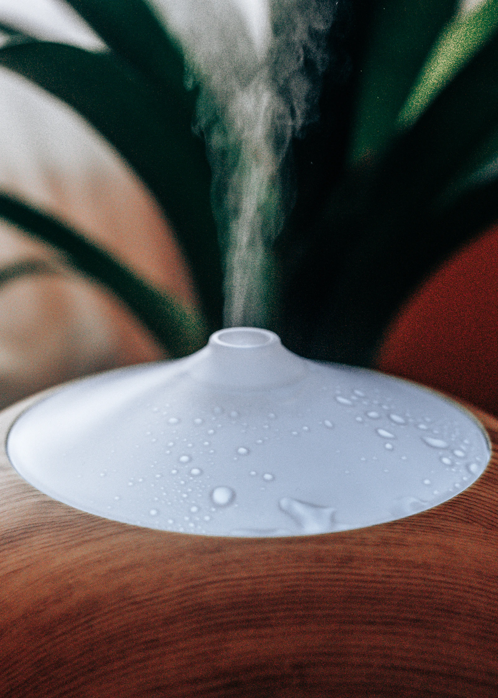 Cool-mist humidifier on a shelf emitting a plume of water vapour