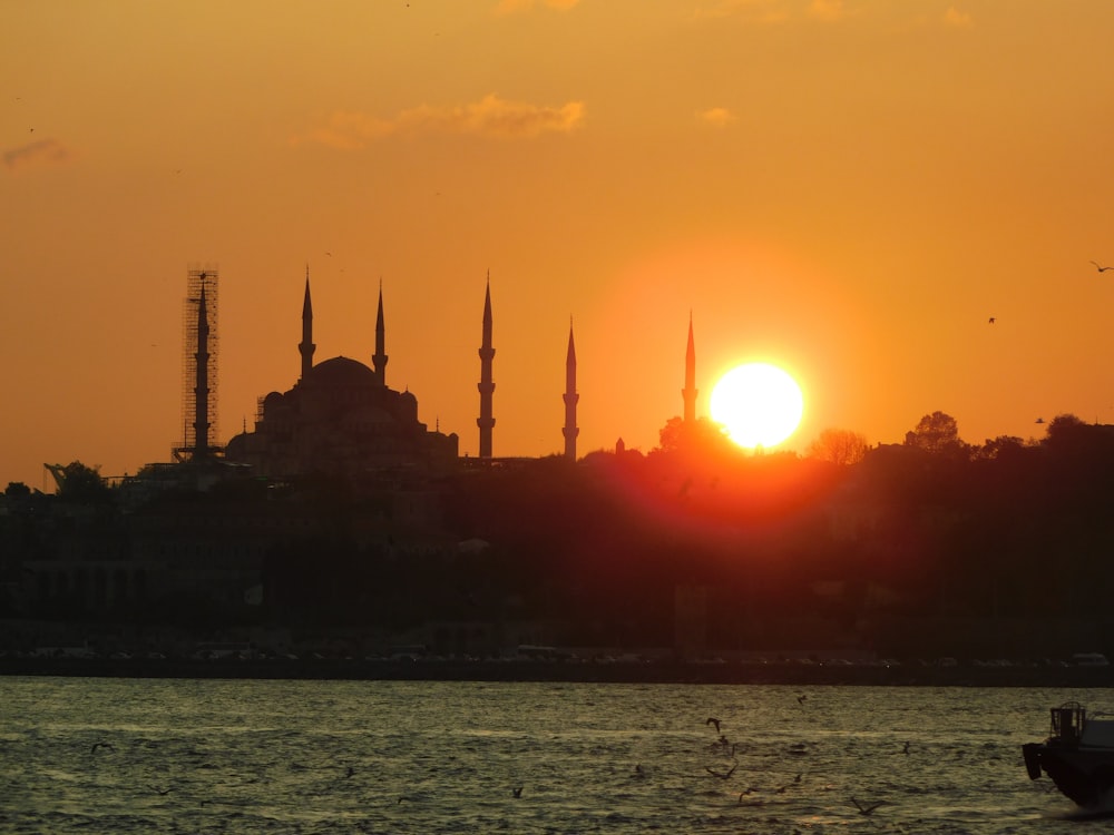 mosque silhouette at golden hour