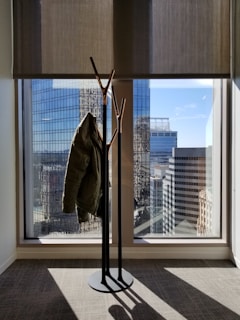 A coat hanger stands in front of a large window offering a view of modern city skyscrapers. A single coat is draped over the hanger, and sunlight creates defined shadows on the floor.