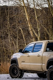A beige off-road vehicle with a lifted suspension is parked on snow-covered ground in a forest of bare, leafless trees. The vehicle has mud splatters on its side and bold tires, suggesting it’s built for rugged terrain.