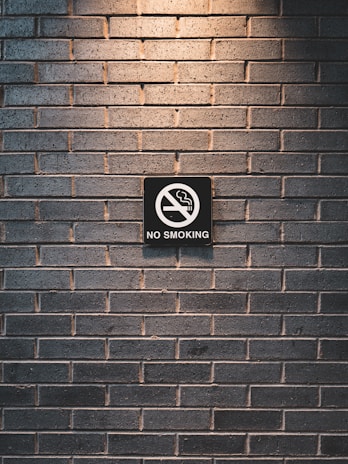 A dark brick wall features a prominently placed 'No Smoking' sign. The sign is centered and displays a cigarette with a red circle and slash, conveying the prohibition.