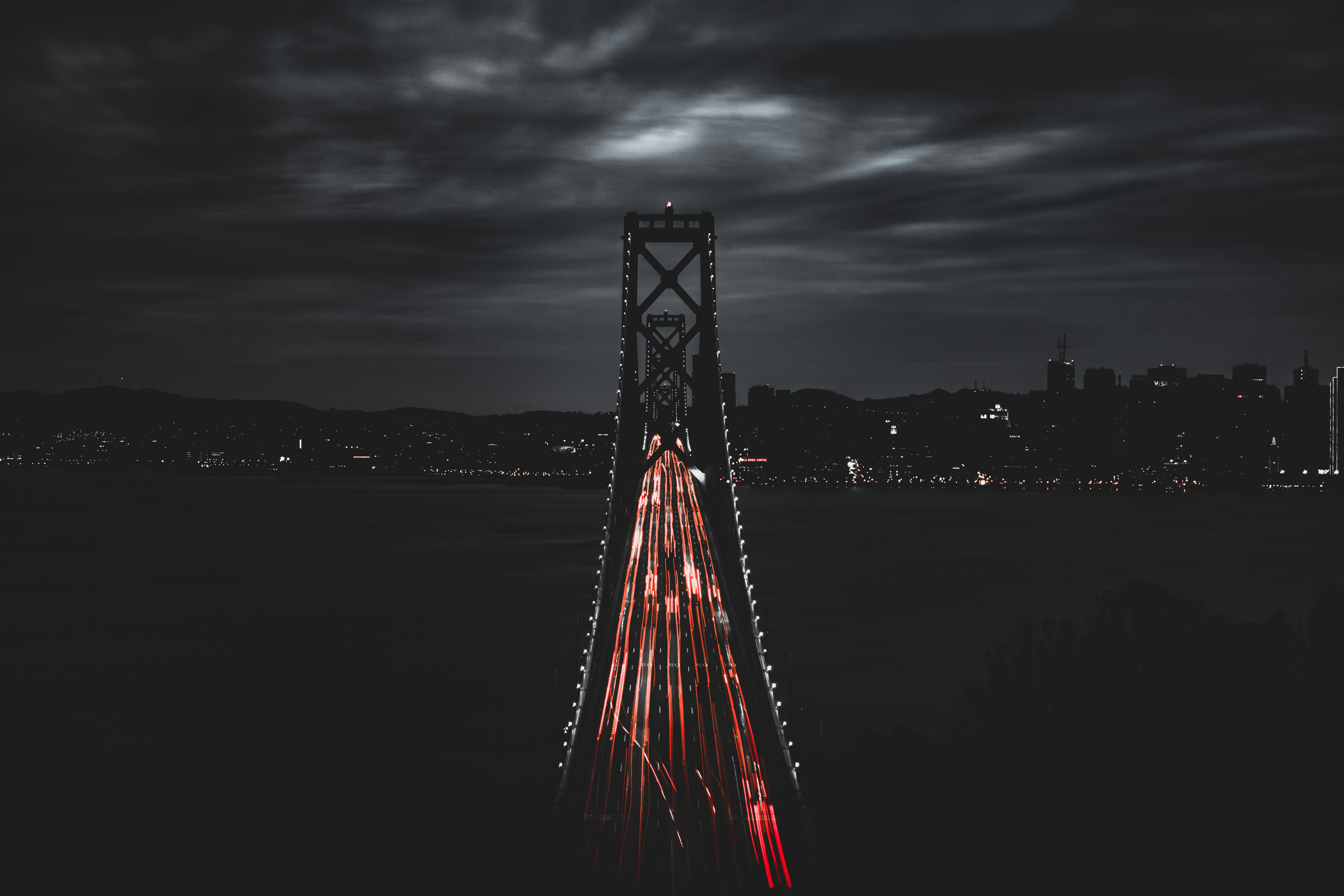 bird's eye view of a lit bridge at night