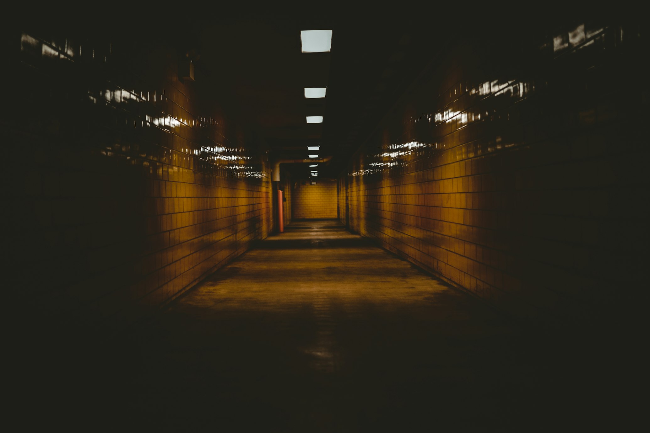 spooky hallway with yellow lighting