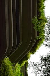 Curved architectural structures are integrated with lush greenery, appearing as a blend between modern design and natural elements. The greenery comprises various shades of vibrant green plants cascading down from the building.