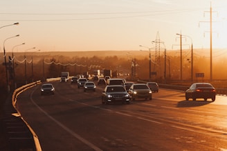 vehicles on road during golden hour