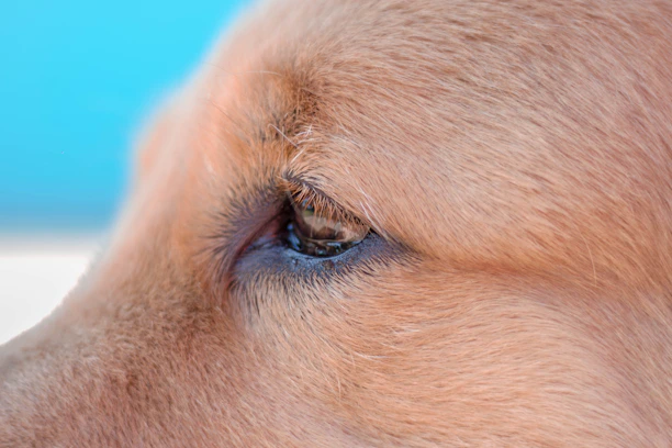 Elegant portrait of a calm dog with a gentle blue background.