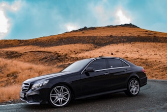 A sleek rental car parked in front of a scenic landscape.