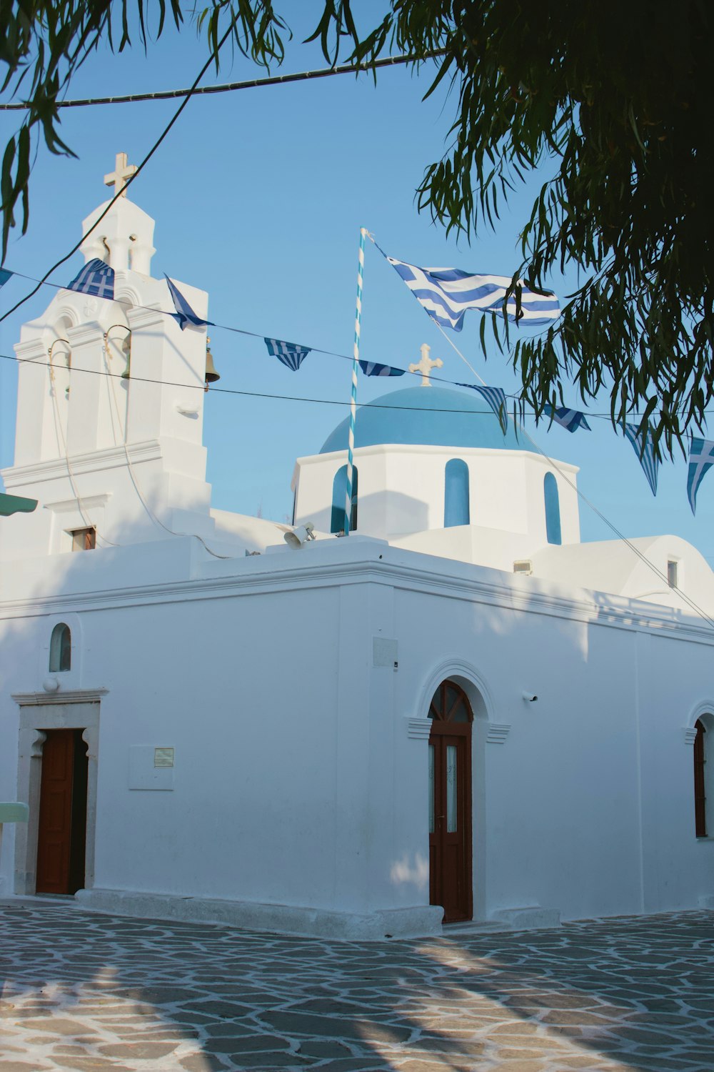 white and blue painted building