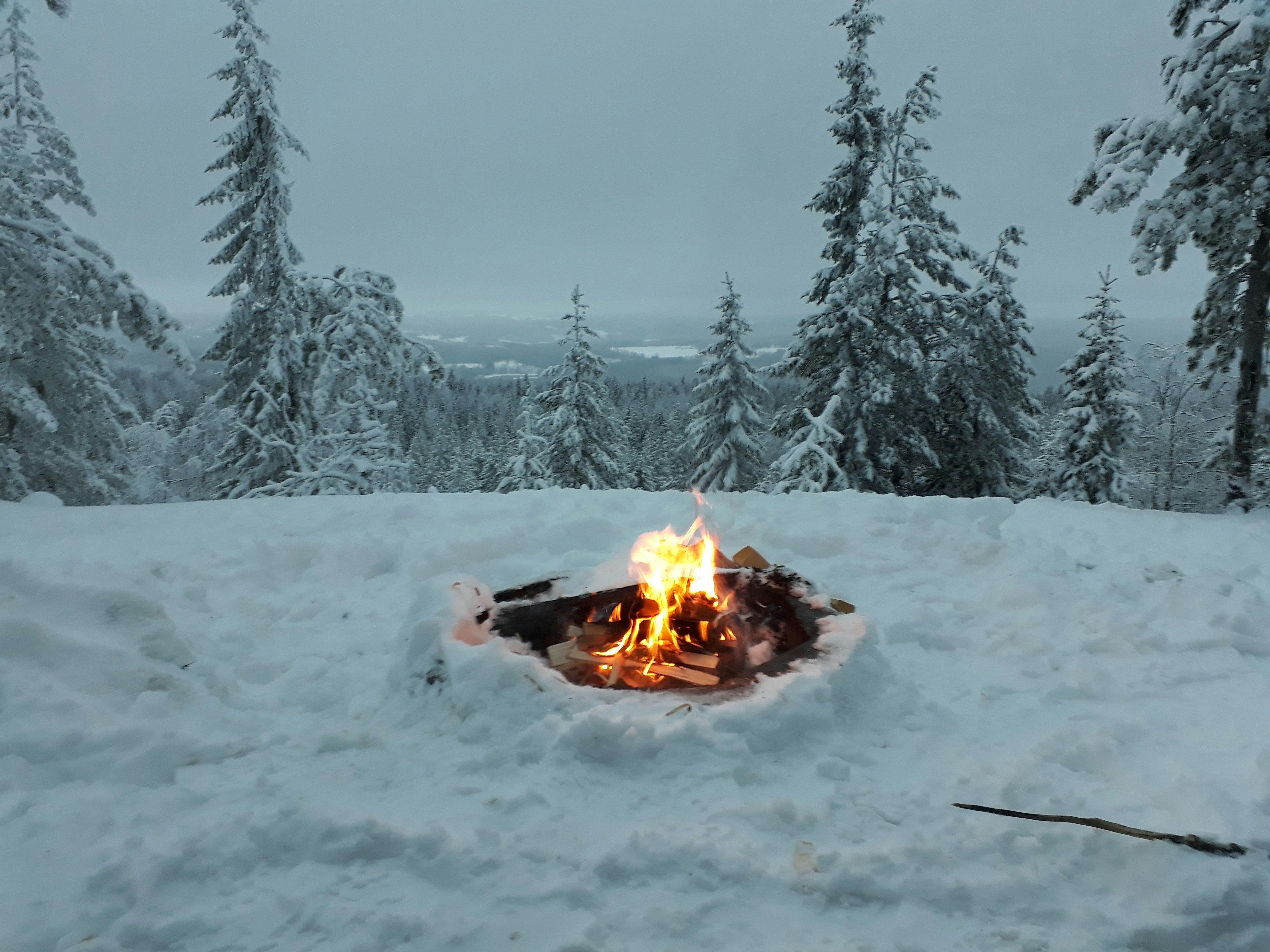 Talvine metsalaager lumises hämaruses, lõke keset lund.