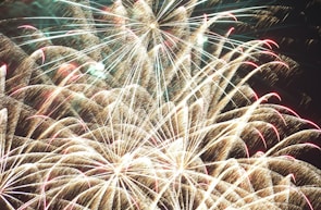 Bright and colorful fireworks burst and spread across the night sky, creating intricate patterns of light. The display features arches and radiating lines in hues of white, gold, and hints of red, with a backdrop of deep darkness.