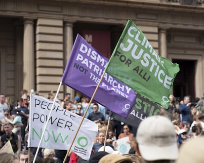 A large group of people gather outside a grand building with columns, holding various protest signs and banners. Green and purple flags display messages about climate justice, dismantling patriarchy, and empowering people.