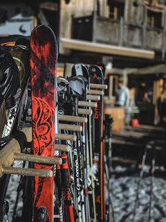 Brightly colored skis and snowboards displayed neatly inside the Glidepeak store
