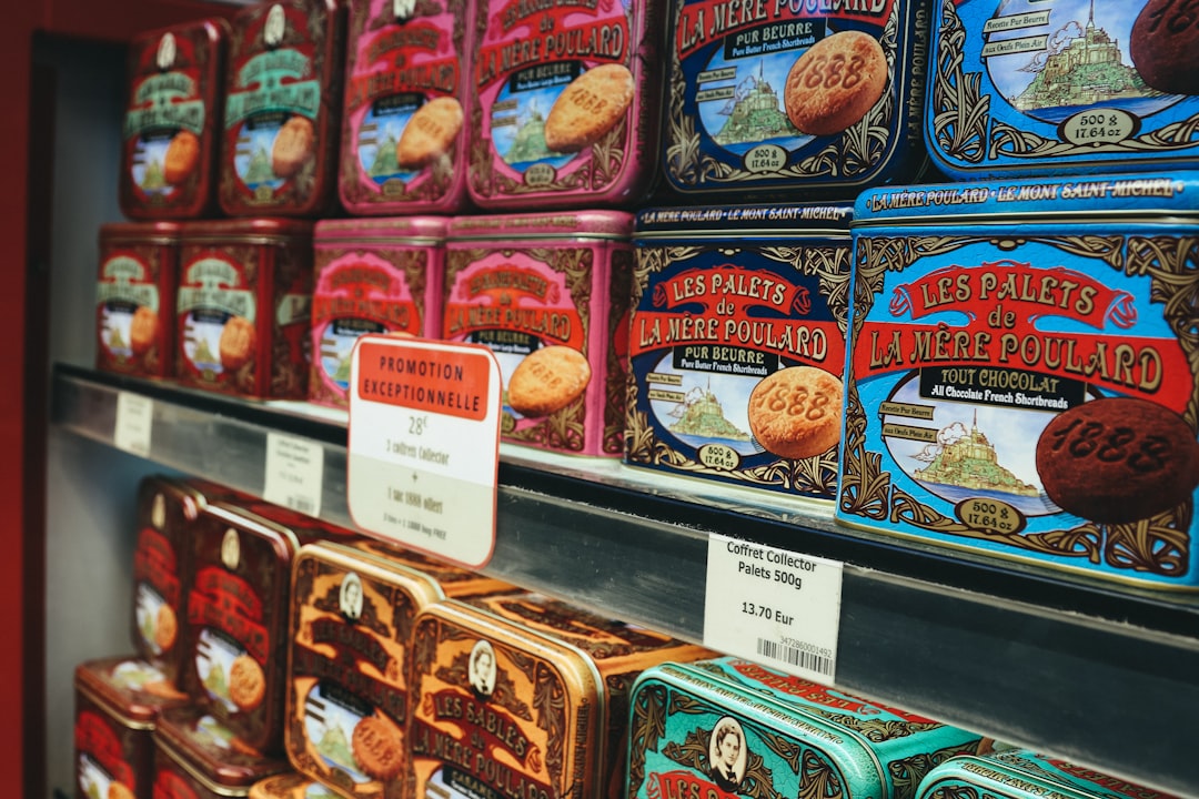 assorted tin cans on display