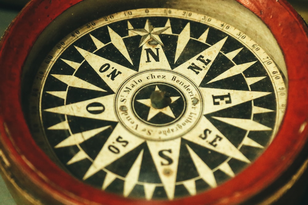 macro photography of black and white compass