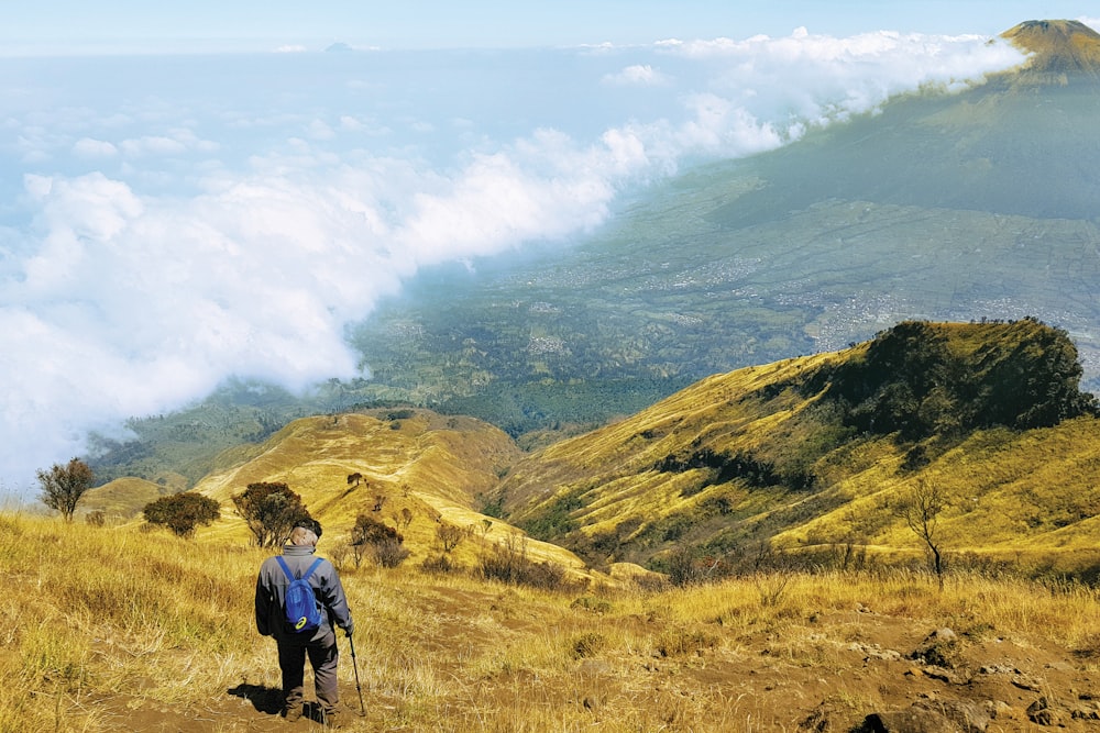 person standing on green field viewing mountain under white and blue sky during daytime