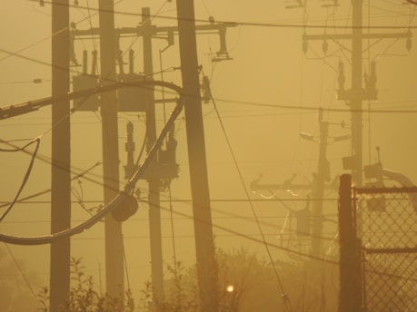 A network of electric power lines and poles is set against a hazy, yellow-tinted sky. The silhouettes of the electrical equipment create a complex web of lines and shapes. Vegetation is visible at the bottom, and there is a metal fence on the right side of the image.