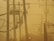 A network of electric power lines and poles is set against a hazy, yellow-tinted sky. The silhouettes of the electrical equipment create a complex web of lines and shapes. Vegetation is visible at the bottom, and there is a metal fence on the right side of the image.