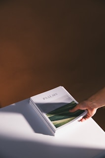 A hand is holding a stack of books titled 'PSALMS' placed on a white surface with a dark brown background. The cover image of the book features a scenic landscape with green hills.