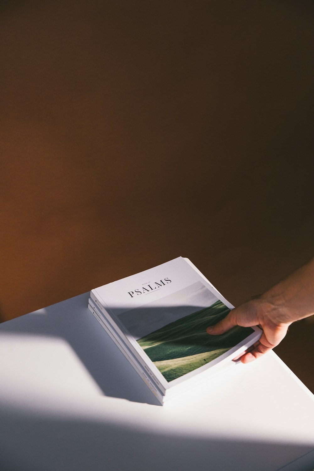 white book on wooden table