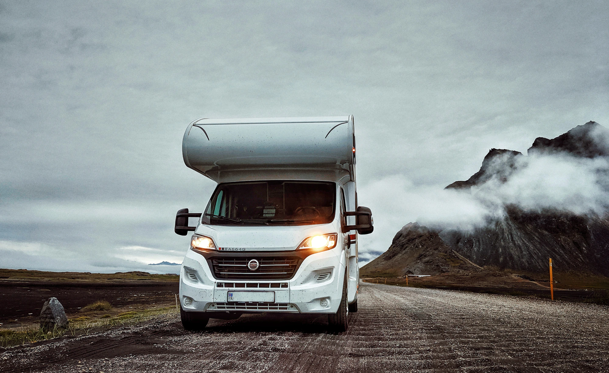 Motorhome traveling through a scenic mountain area