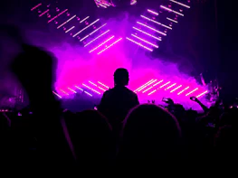 Crowd silhouette at a live concert bathed in deep black and vibrant neon purple lighting.