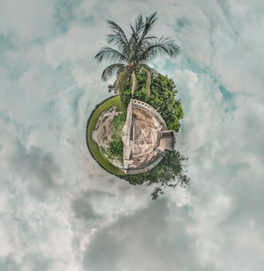 A tiny planet-style image showcases a small sphere covered with greenery and a single palm tree at the top. In the center, there is a rooftop and part of a building, surrounded by lush vegetation. The sky forms a circular background with a mix of cloudy and clear patches.