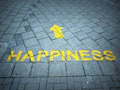 a brick sidewalk with a yellow arrow painted on it