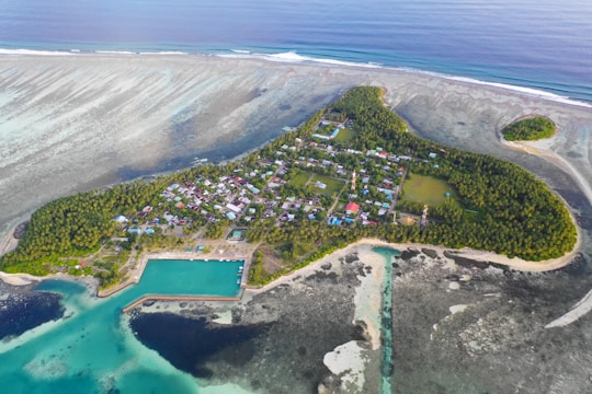 An aerial view of a small, lush island with dense green vegetation, including numerous trees and a populated area with houses and buildings. The island is surrounded by clear turquoise waters and features a small harbor or dock area.