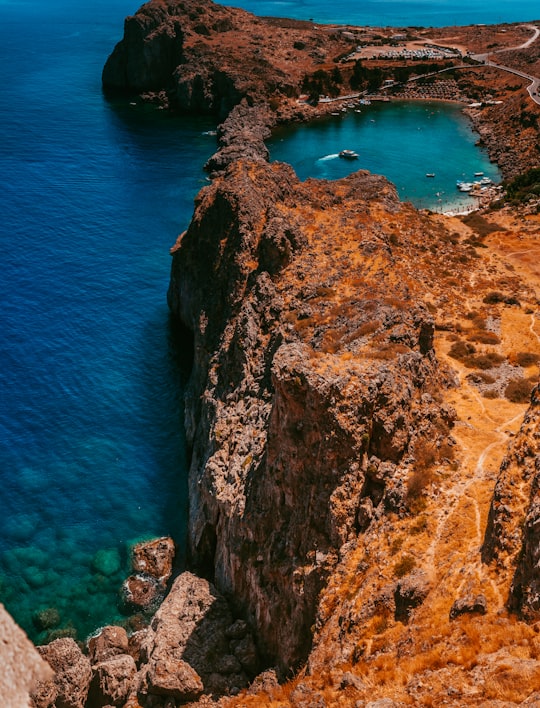 aerial photograph of lagoon on cliff in Rhodes Greece