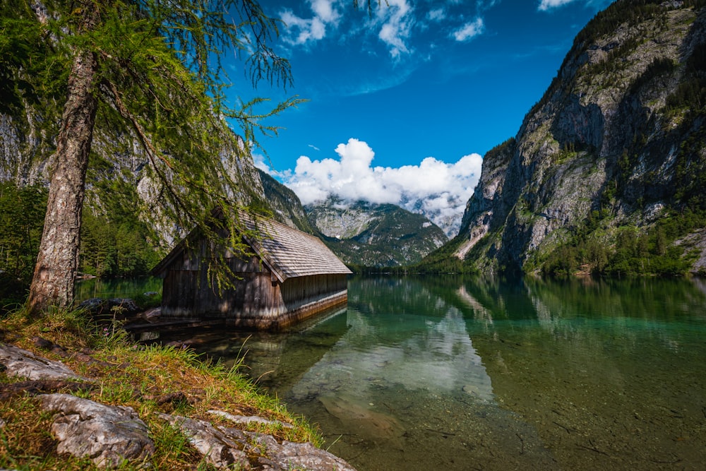 brown wooden shack on lake