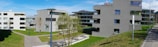 Modern apartment buildings with multiple stories are situated in a residential area. The buildings are surrounded by neatly cut grass and young trees. A few street lamps and paved pathways run through the area, with clear skies above providing a bright and open atmosphere.