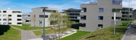 Modern apartment buildings with multiple stories are situated in a residential area. The buildings are surrounded by neatly cut grass and young trees. A few street lamps and paved pathways run through the area, with clear skies above providing a bright and open atmosphere.