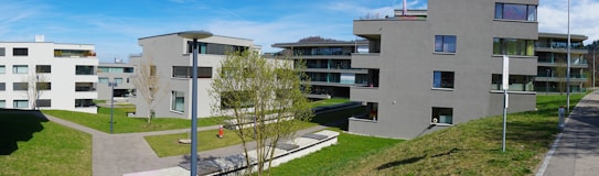Modern apartment buildings with multiple stories are situated in a residential area. The buildings are surrounded by neatly cut grass and young trees. A few street lamps and paved pathways run through the area, with clear skies above providing a bright and open atmosphere.