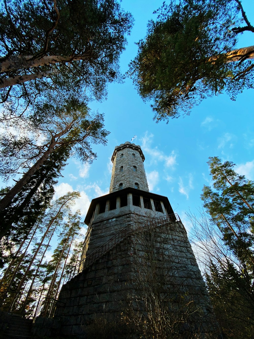 low angle photo of castle beside trees