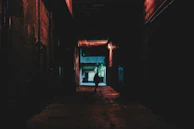 An ominous alleyway outside the butcher’s shop bathed in shadow and faint red neon light.