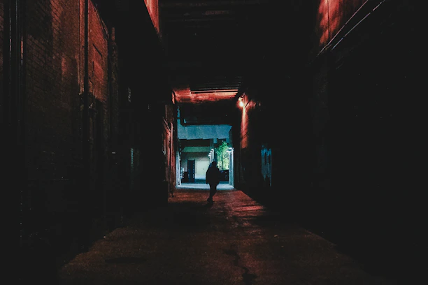 Dimly lit urban alleyway in 1980s London, echoing the mood of the 'Hunts' trilogy.