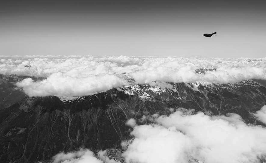 A black and white photograph depicting a landscape where a mountain range is partially obscured by fluffy clouds in the foreground and background. A solitary bird is visible flying in the sky above the mountains, adding a sense of scale and freedom to the scene.