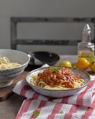 pasta with paste in gray bowl